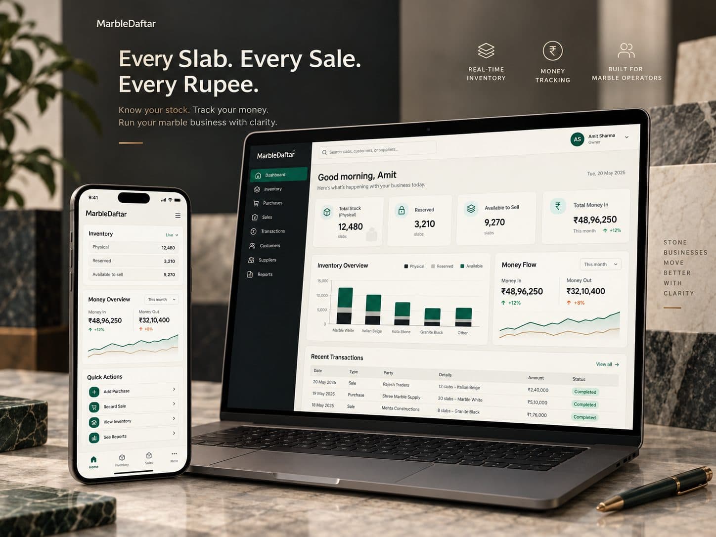 MarbleDaftar dashboard and mobile app on devices beside marble slabs, showing inventory, money flow, and recent transactions