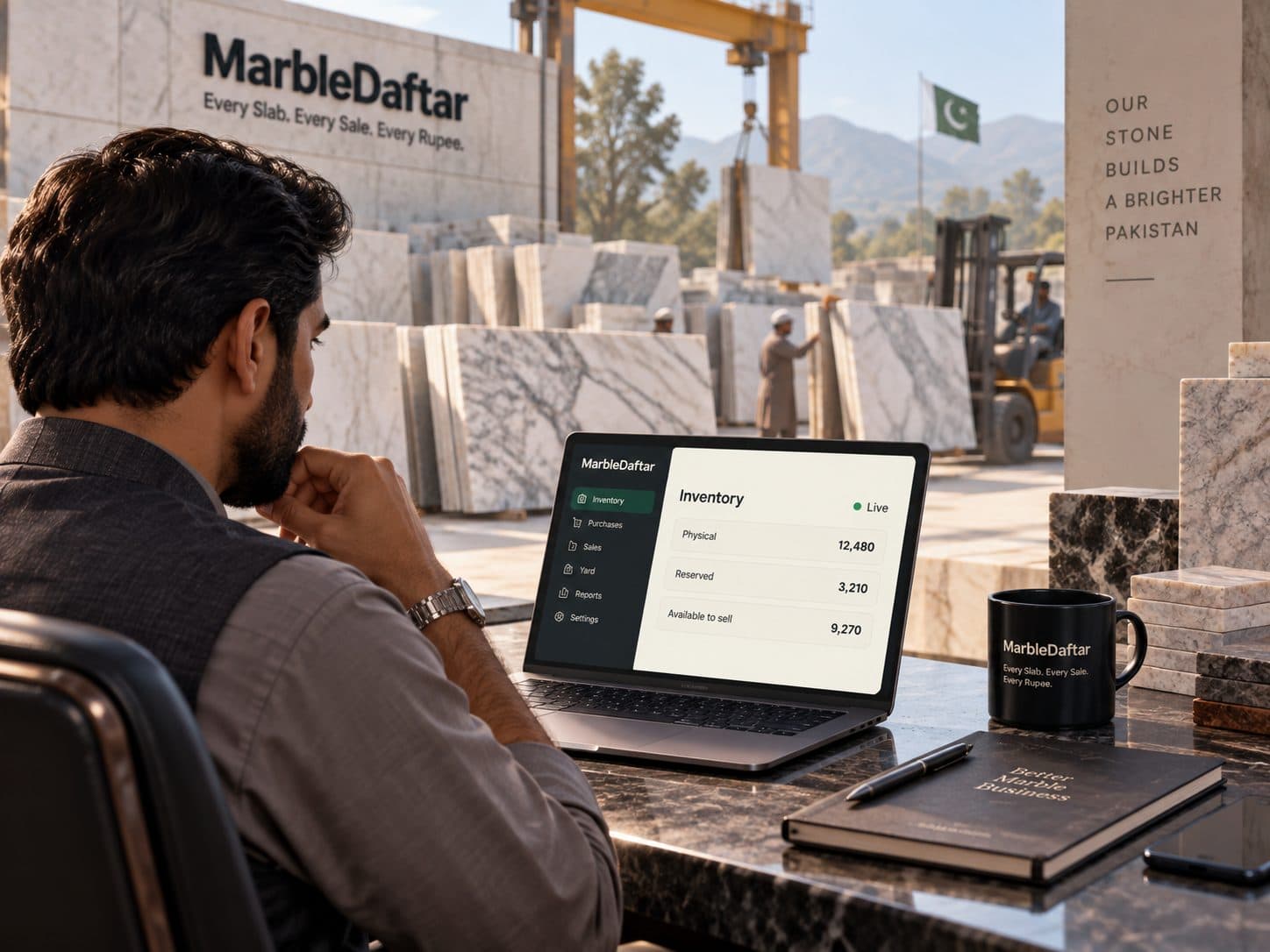 Business owner reviewing inventory on a laptop with a marble yard visible beyond the office