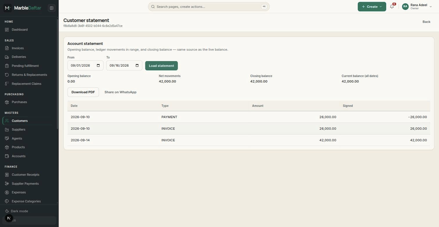 MarbleDaftar customer account statement showing opening balance, invoices, payments, and closing balance